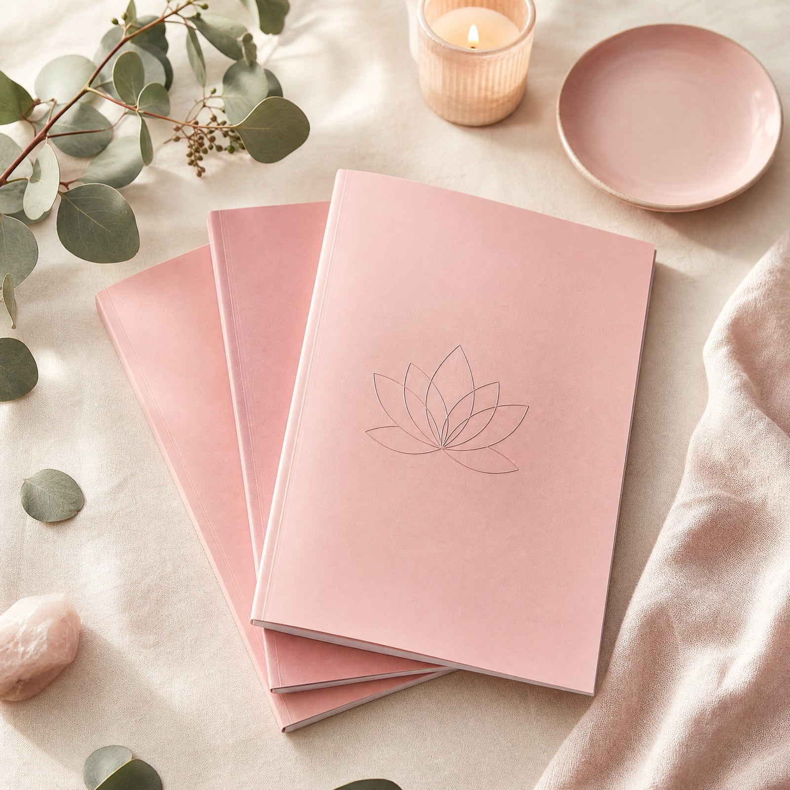 Lyora Body guides styled with eucalyptus and a candle