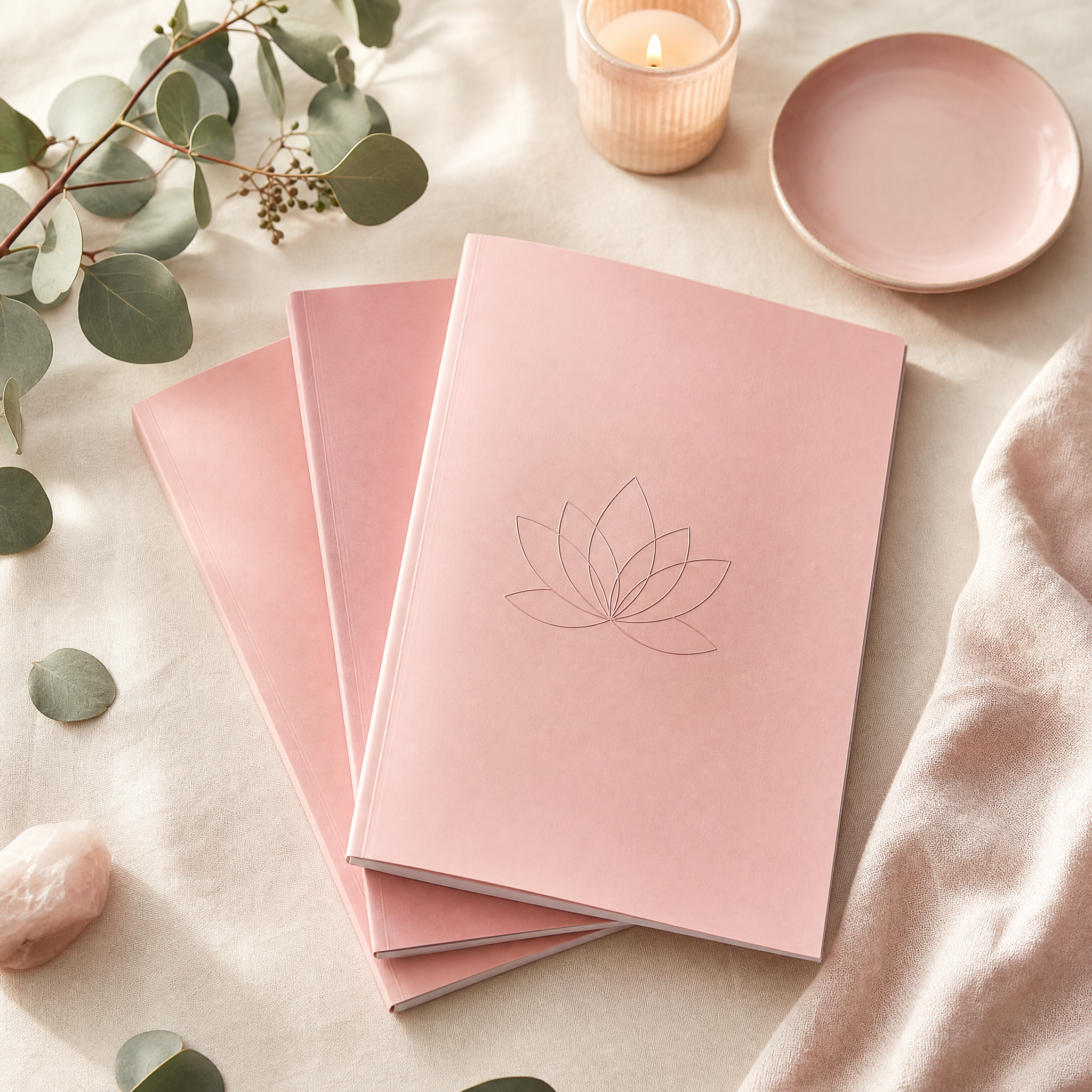 Lyora Body guides styled flat-lay with eucalyptus and candle