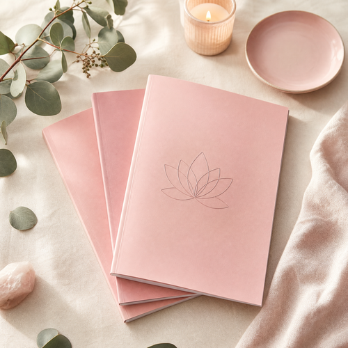 Lyora Body guides styled flat-lay with eucalyptus and candle